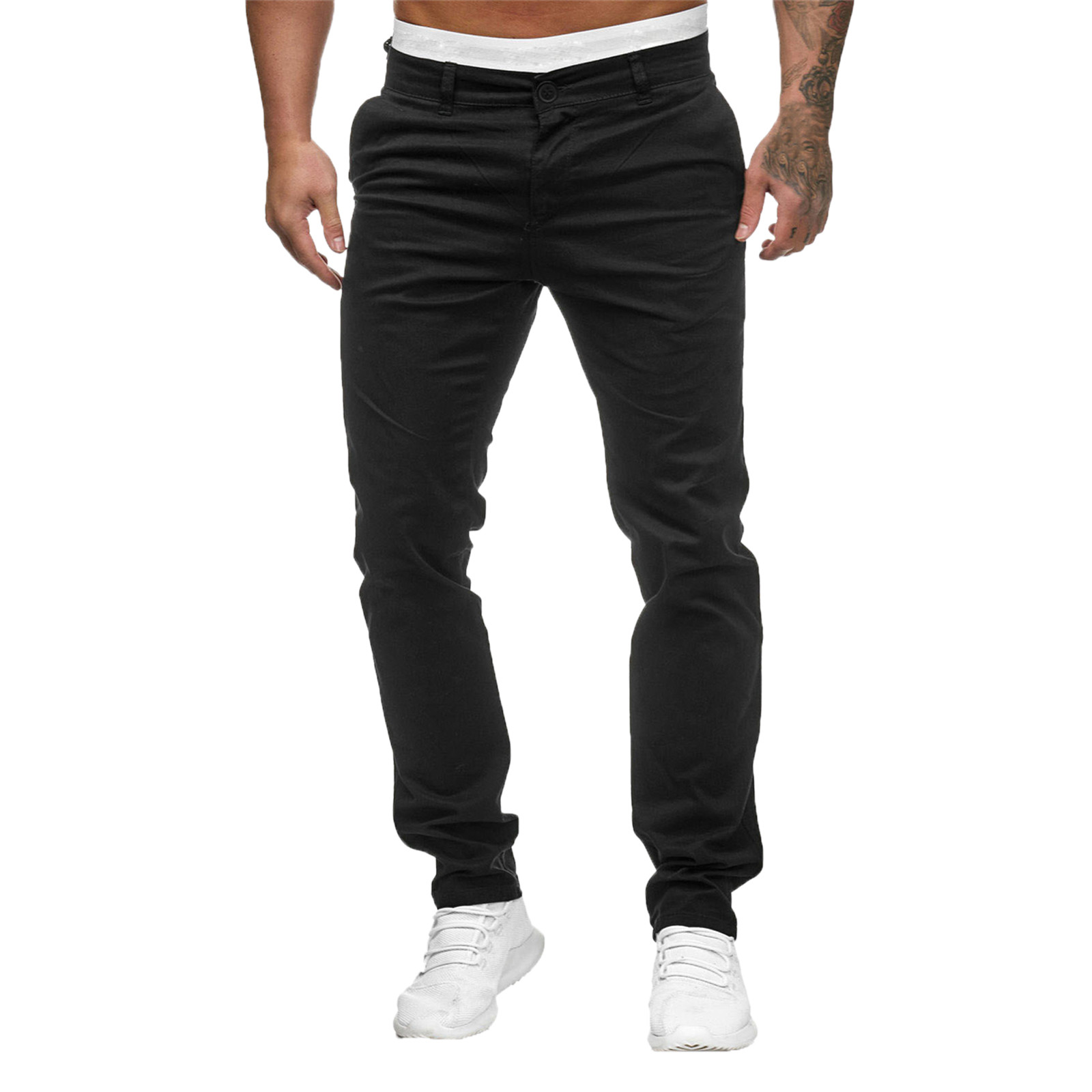 thumbnail image 2 of Pantalones informales lisos de talla grande para hombre, cintura ajustada, botones/bolsillos/cremallera decorativos, algodón, tallas M-XXXL, 2 of 8